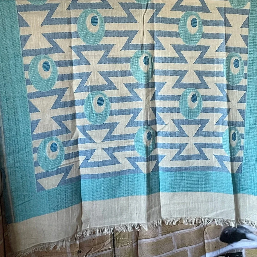 Alliance Peacock Eye Abstract Geometric Scarf Blue White Cotton‎